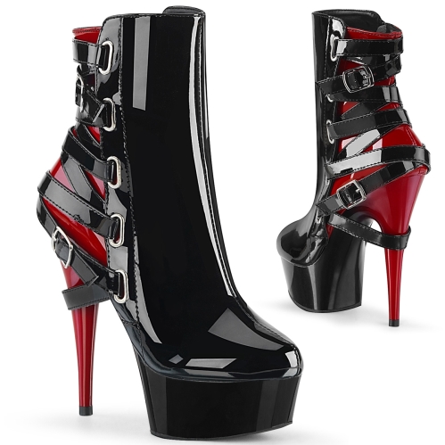 Shiny Patent Devilish Black and Red Strappy Ankle Boot